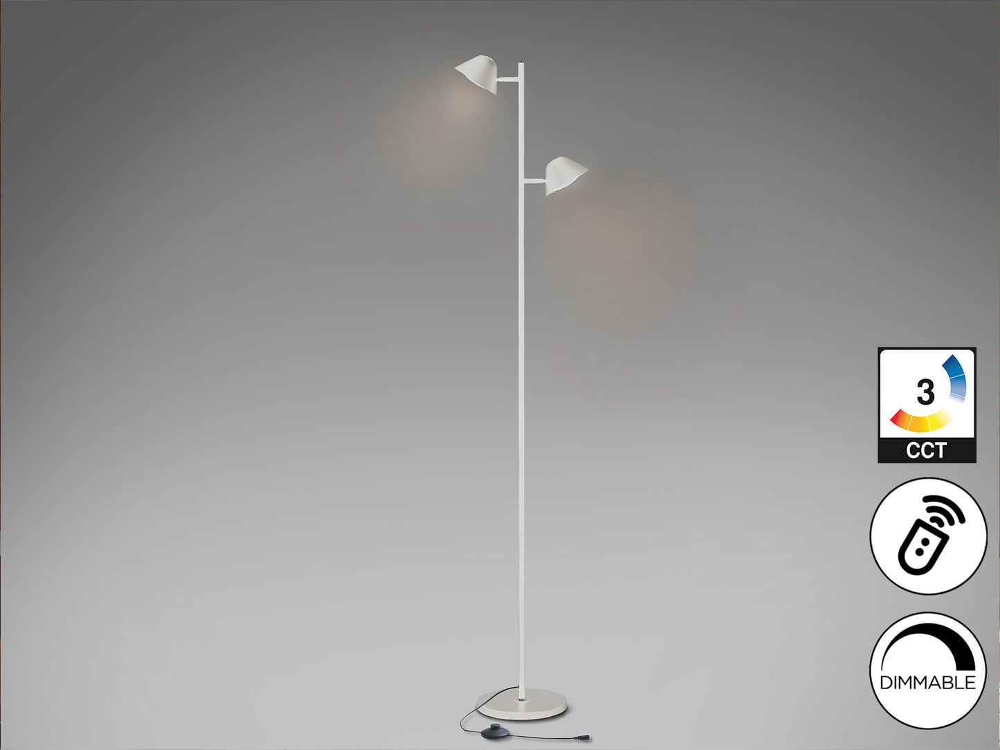 Lámpara de pie Taros 2L blanco mate con LED integrado y control remoto, ideal para salón. Diseño moderno de Schuller (215619).