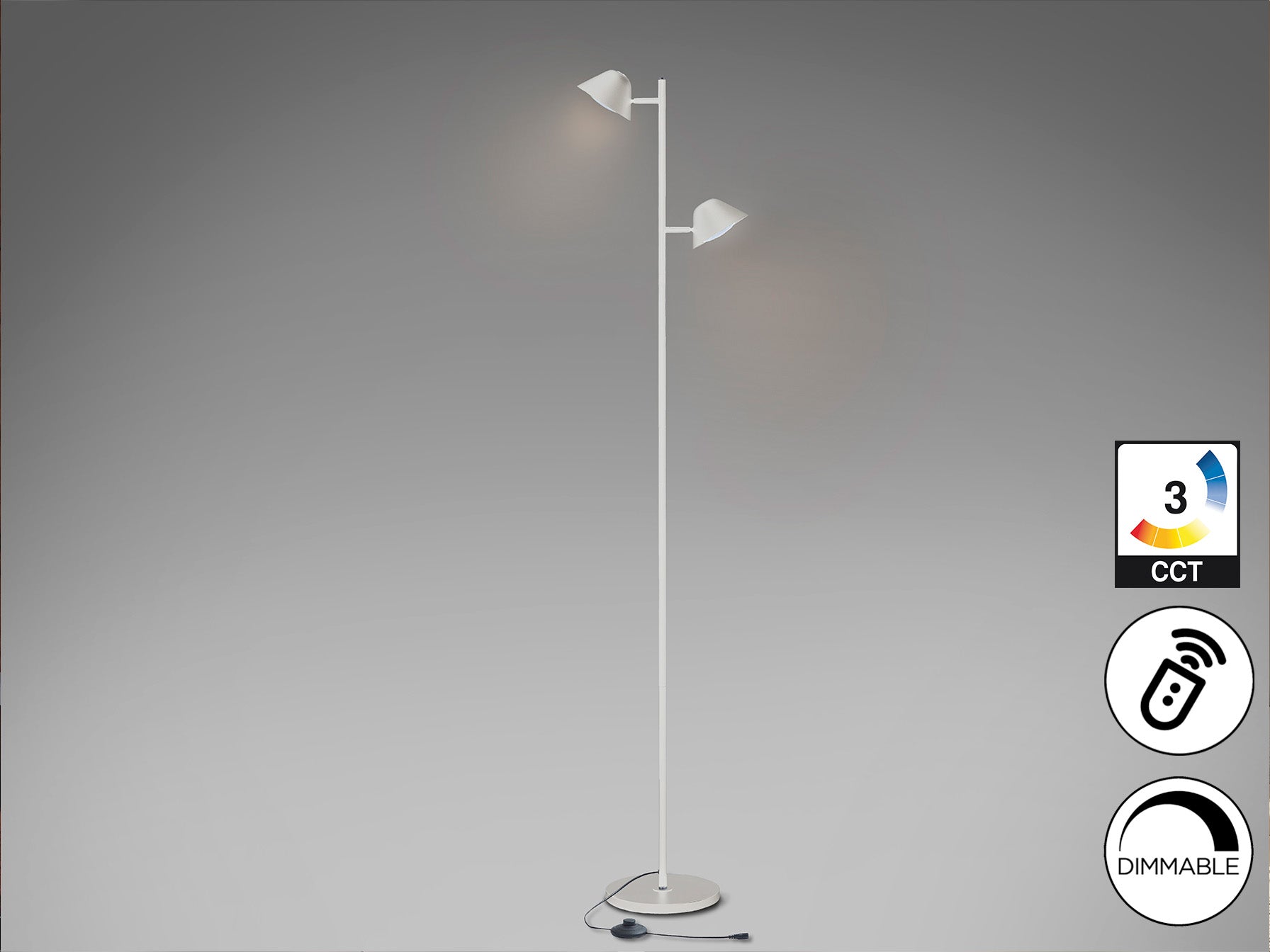 Lámpara de pie Taros 2L blanco mate con LED integrado y control remoto, ideal para salón. Diseño moderno de Schuller (215619).
