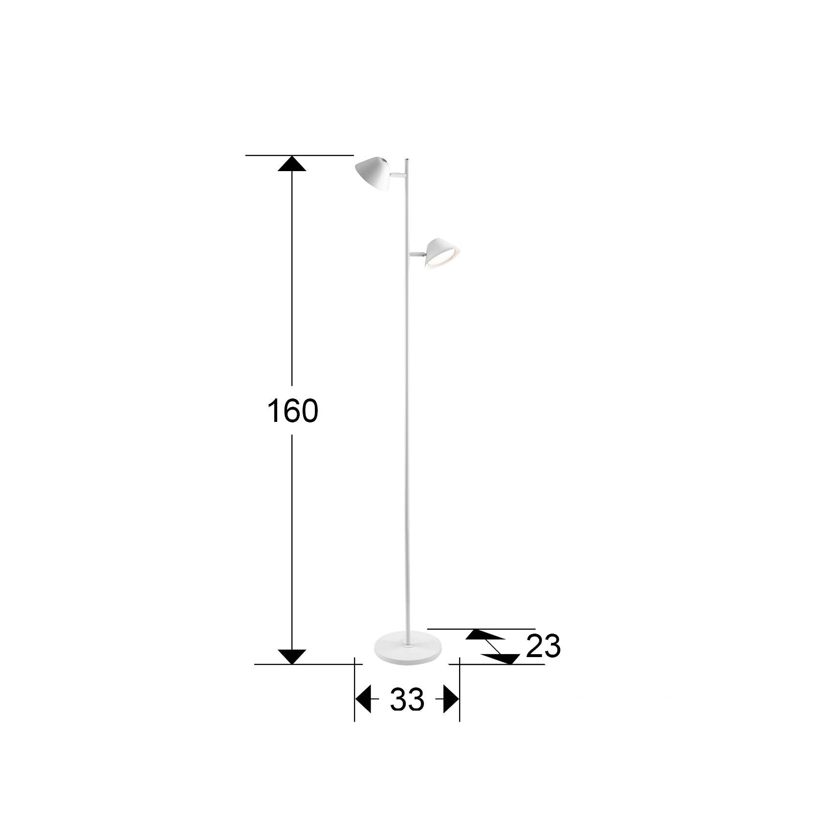 Medidas de Lámpara de pie Taros 2L blanca mate de metal con LED integrado y control remoto, ideal para salón moderno. Marca Schuller, modelo 215619.