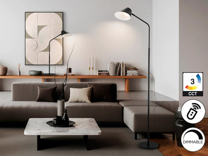 Lámpara de pie Esino negro mate con control remoto, LED regulable, ideal para salón moderno. Fabricada en metal por Schuller. Modelo 215732.