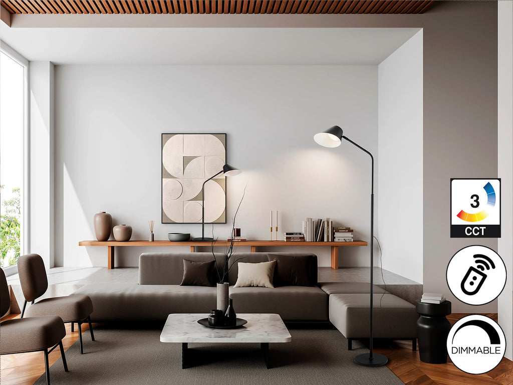 Lámpara de pie Esino negra mate con control remoto, LED regulable, ideal para salón moderno. Marca Schuller, modelo 215732.