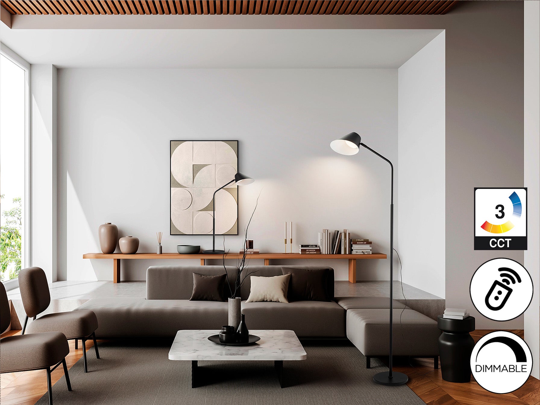 Lámpara de pie Esino negra mate con control remoto, LED regulable, ideal para salón moderno. Marca Schuller, modelo 215732.