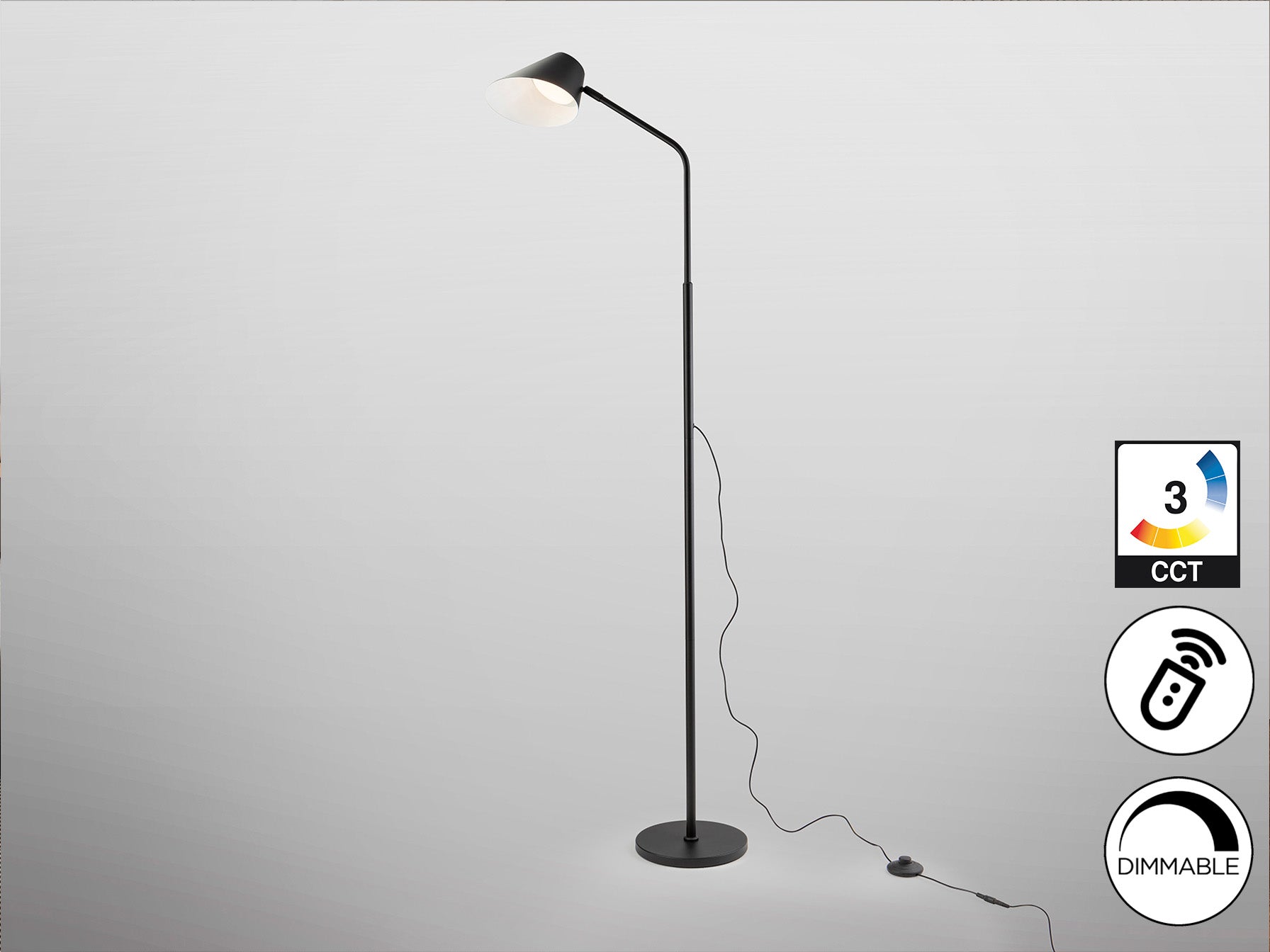 Lámpara de pie Esino negra mate con control remoto, LED regulable y diseño moderno de metal. Ideal para salón. Producto Schuller (215732).