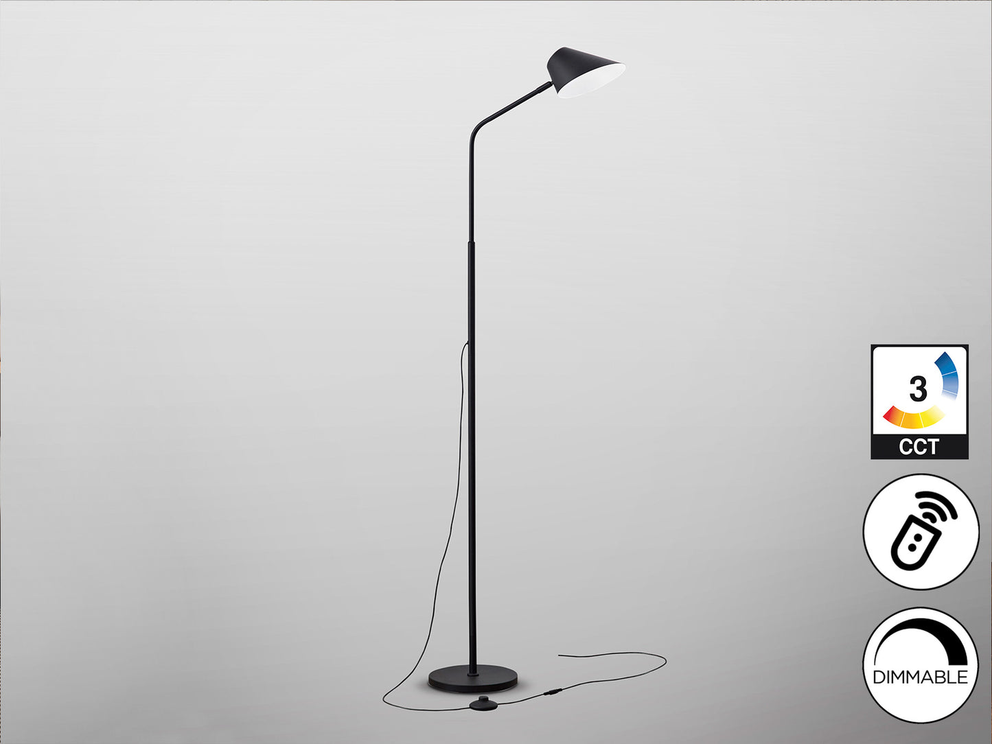 Lámpara de pie Esino negro mate con control remoto y LED regulable, ideal para salón. Diseño moderno en metal de Schuller (Modelo 215732).