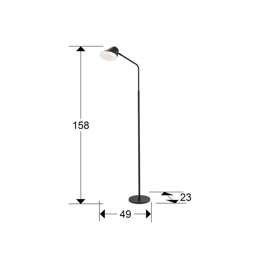 Medidas de Lámpara de pie Esino negra mate de Schuller (215732) en salón moderno con control remoto, LED regulable y detalles en metal.