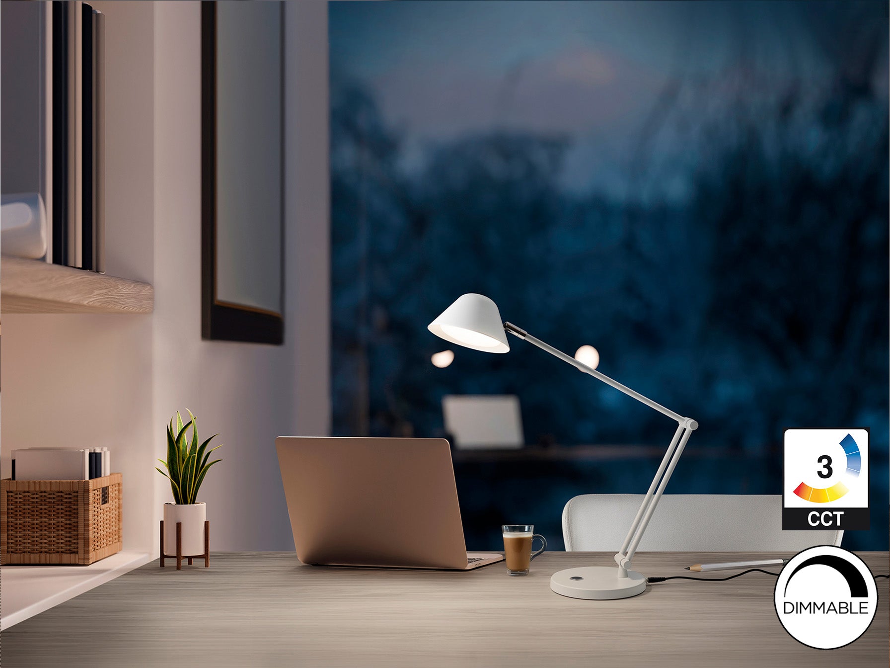 Lámpara de sobremesa Taros blanco mate de Schuller con diseño minimalista y moderno, fabricada en aluminio y metal, con LED integrado, ideal para despacho.