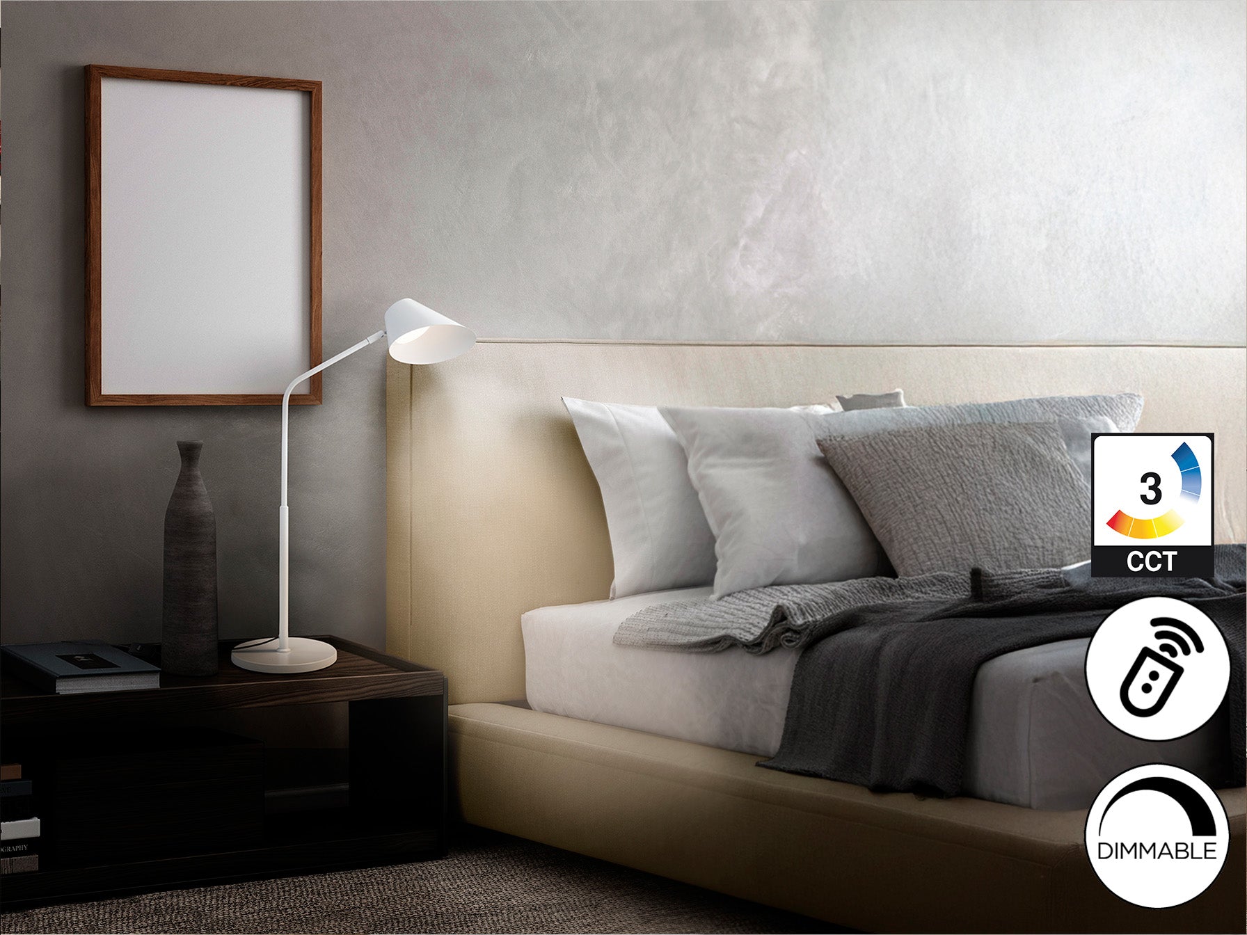 Lámpara de sobremesa Esino blanca de Schuller en dormitorio moderno, regulable con tecnología LED. Ideal para oficina y estilo minimalista. Ref. 215992.