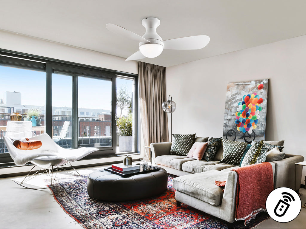 Ventilador de techo VITO Blanco D117 Schuller, diseño minimalista moderno en acrílico y metal, ideal para comedor o salón.