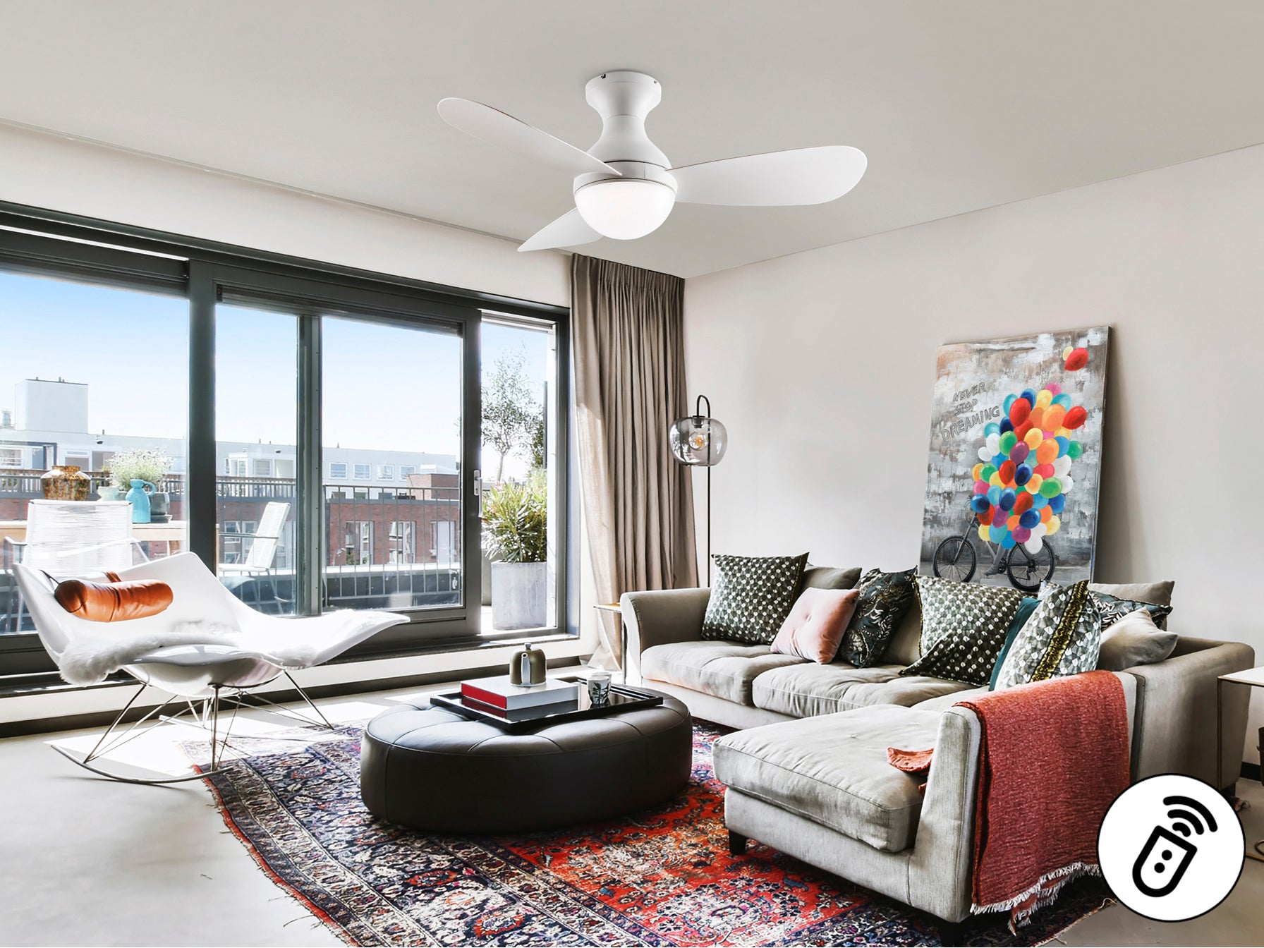 Ventilador de techo VITO Blanco D117 Schuller, diseño minimalista moderno en acrílico y metal, ideal para comedor o salón.