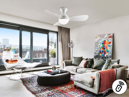 Ventilador de techo VITO Blanco D117 Schuller, diseño minimalista moderno en acrílico y metal, ideal para comedor o salón.