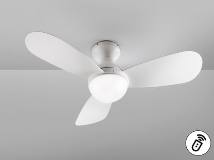 Ventilador de techo VITO blanco D117 de Schuller, diseño minimalista moderno en acrílico y metal para comedor o salón.