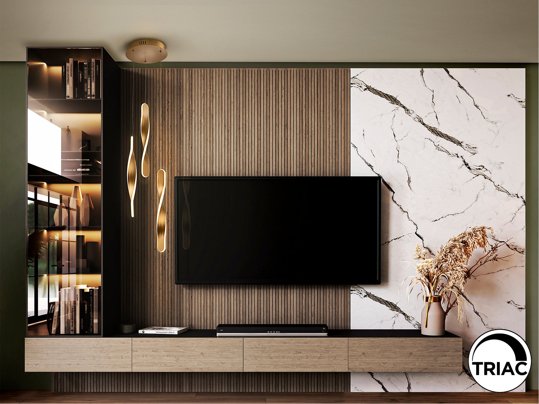 Lámpara de techo Twist 3L en oro cepillado de Schuller, diseño moderno e industrial sofisticado para iluminación interior en comedor o salón.