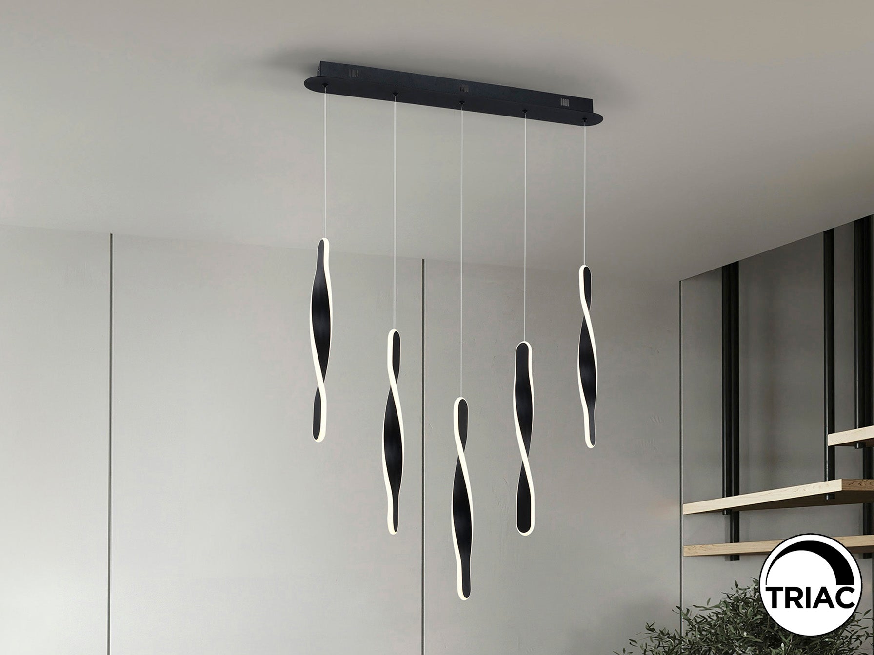 Lámpara de Techo Twist 5 Luces Negro Mate Schuller 219532, diseño moderno dimmable en metal para salón.