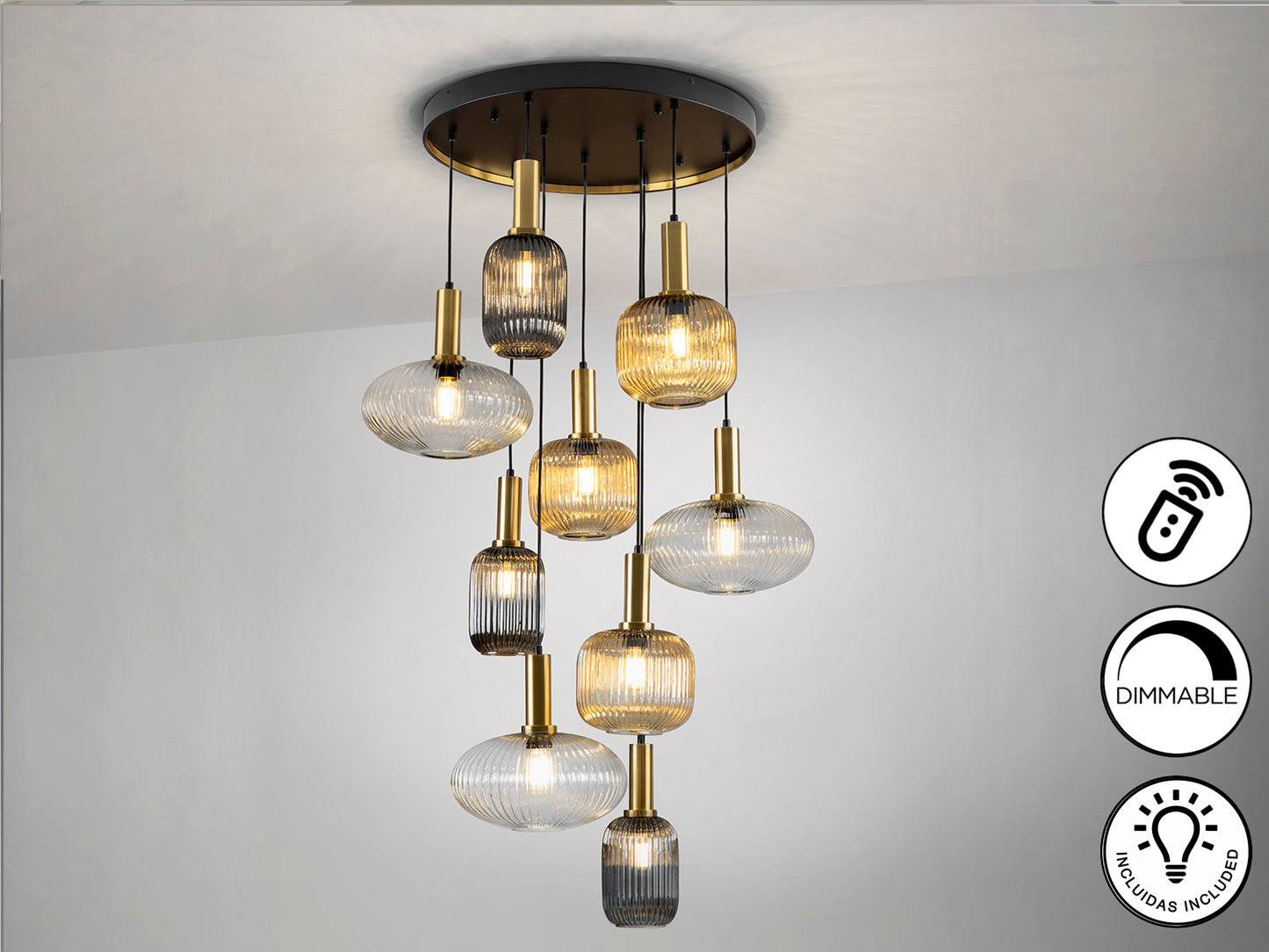 Lámpara de techo NORMA-LAMP 9 luces negro y latón Schuller, diseño moderno industrial sofisticado, regulable en altura, ideal para comedor o salón.