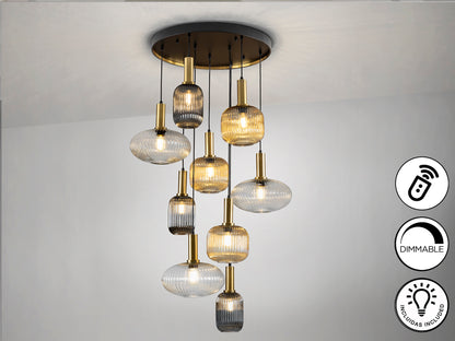 Lámpara de techo NORMA-LAMP 9 luces negro y latón Schuller, diseño moderno industrial sofisticado, regulable en altura, ideal para comedor o salón.