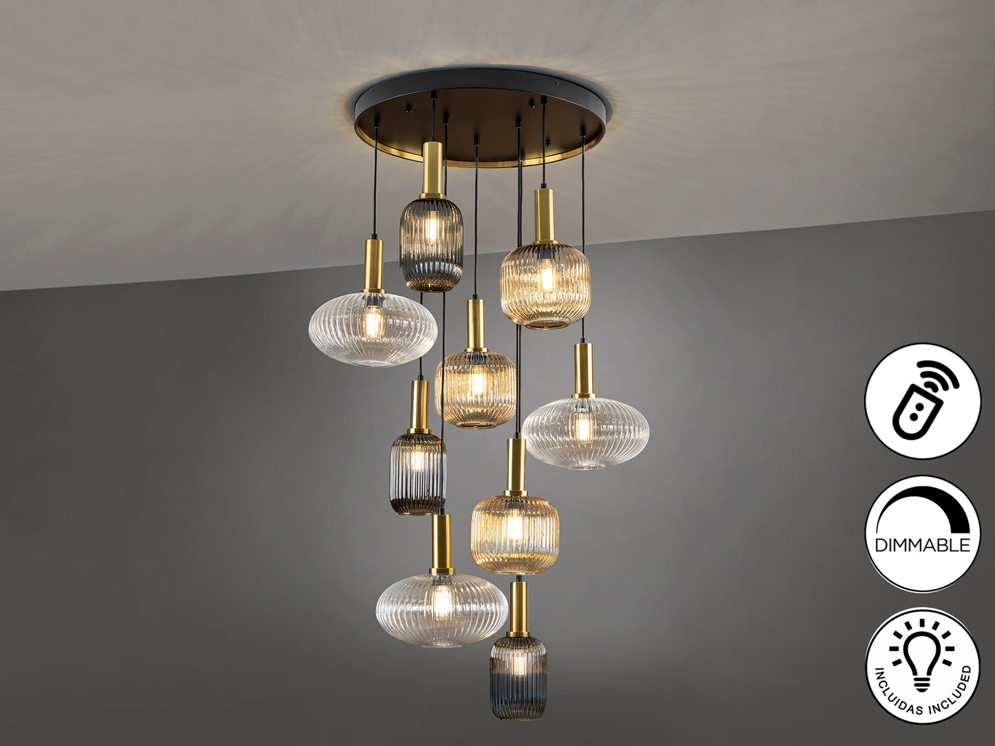 Lámpara de techo Schuller Norma 9 luces negro latón cristal, diseño moderno dimable, regulable altura.