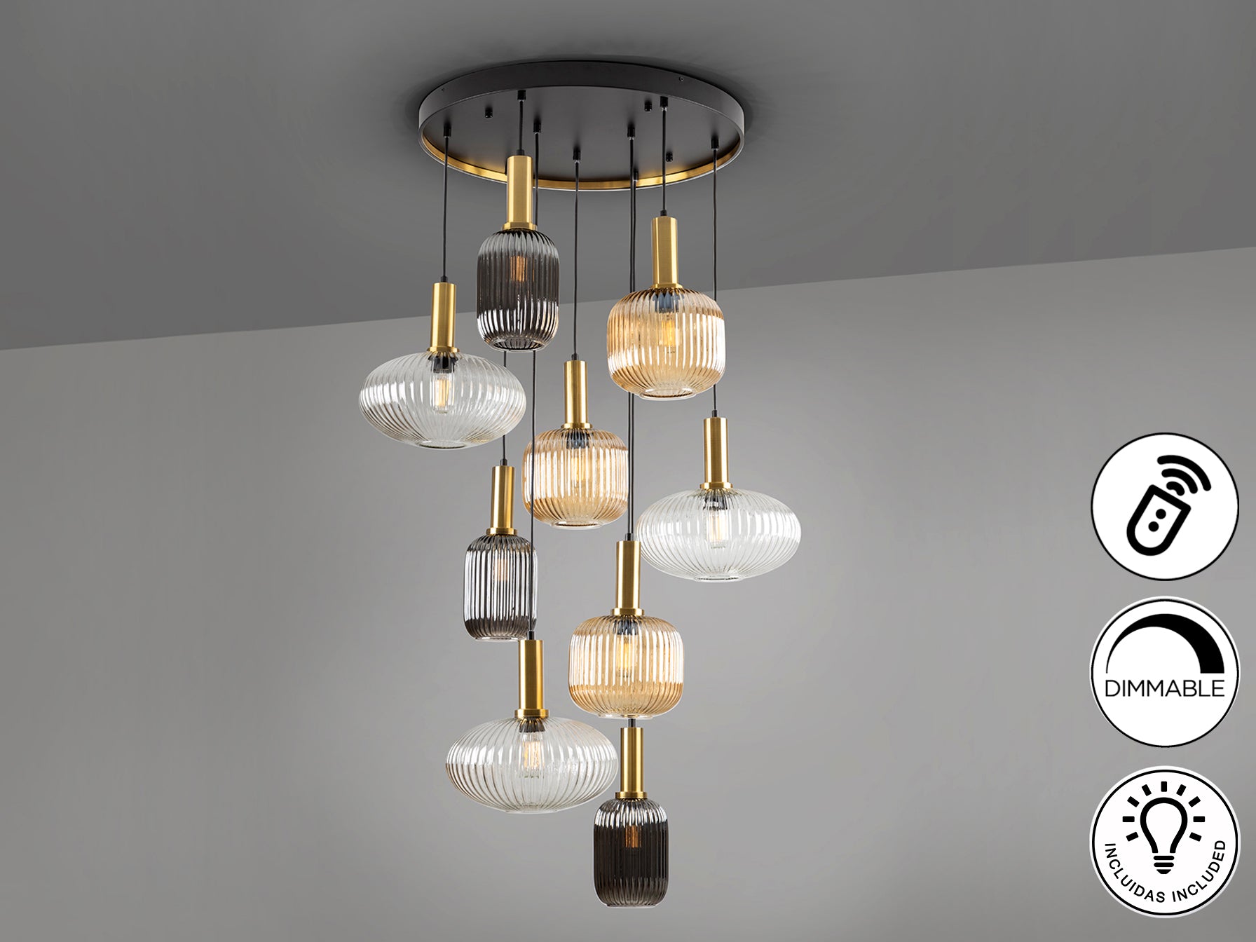 Lámpara de techo Schuller Norma-Lamp 9 luces negro y latón, diseño moderno e industrial sofisticado, regulable en altura, ideal para comedor o salón.