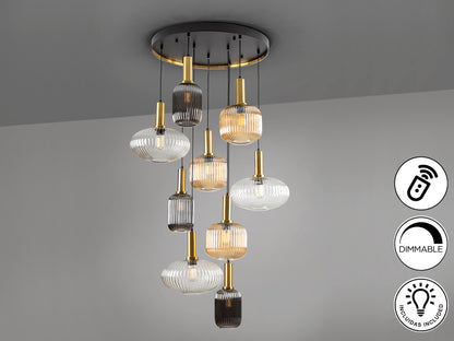 Lámpara de techo Schuller Norma-Lamp 9 luces negro y latón, diseño moderno e industrial sofisticado, regulable en altura, ideal para comedor o salón.