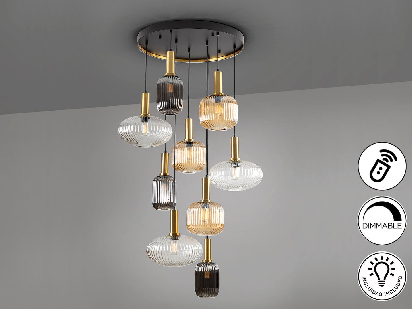 Lámpara de techo Schuller Norma con 9 luces, en negro y latón con cristal, diseño moderno, dimable y regulable en altura, ideal para salón.