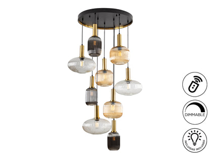 Lámpara de techo NORMA-LAMP 9 luces negro y latón Schuller, diseño moderno industrial, regulable en altura.