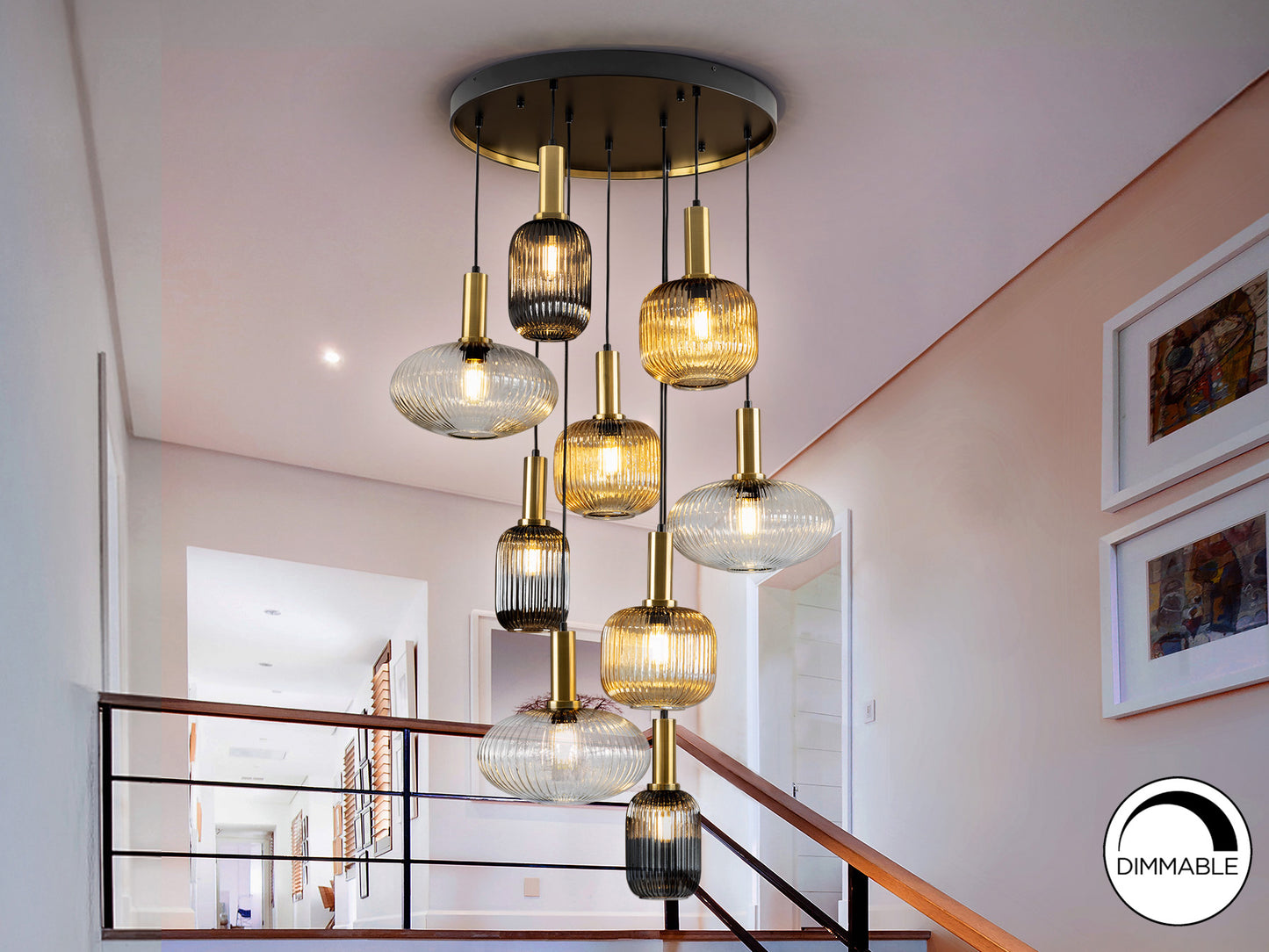 Lámpara de techo NORMA-LAMP 9 luces negro y latón Schuller, diseño moderno industrial, regulable en altura, para comedor y salón.