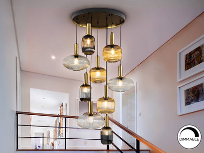 Lámpara de techo NORMA-LAMP 9 luces negro y latón Schuller, diseño moderno industrial, regulable en altura, para comedor y salón.