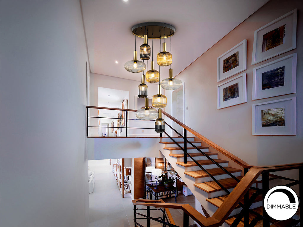 Lámpara de Techo NORMA-LAMP 9 Luces Negro y Latón Schuller Diseño Moderno Industrial Regulable Altura