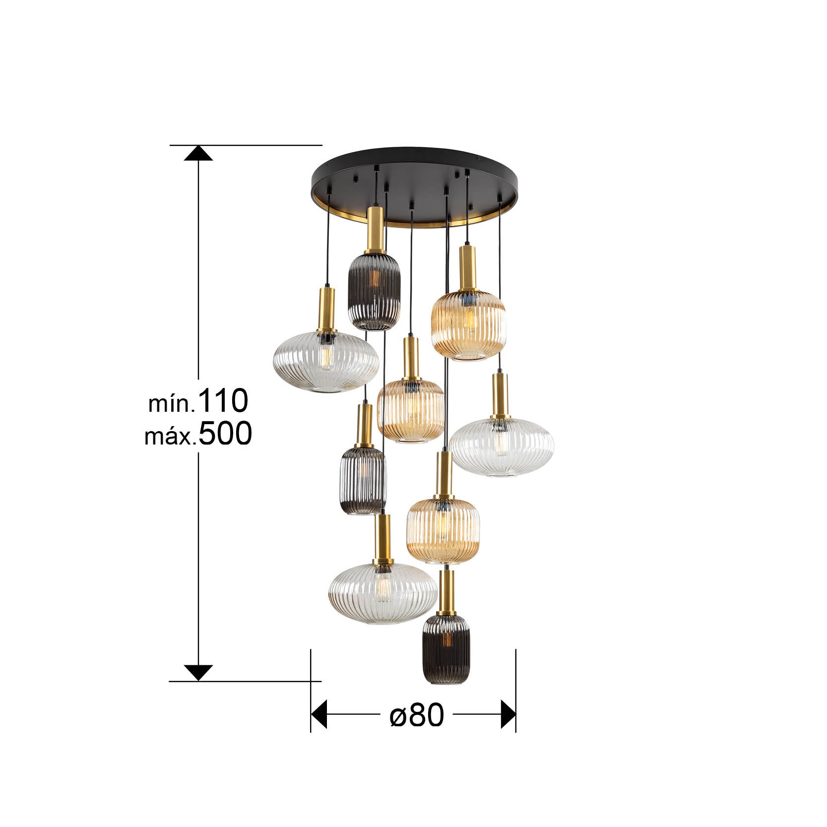 Medidas de Lámpara de techo NORMA-LAMP 9L negro y latón Schuller, diseño moderno con cristal y altura regulable para comedor y salón.