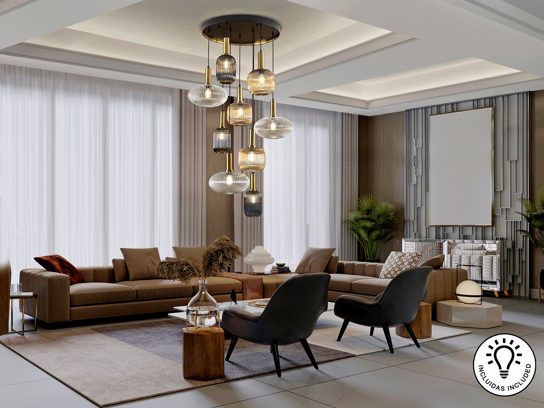 Lámpara de Techo NORMA-LAMP 9 Luces Negro y Latón Schuller, Diseño Moderno Industrial, Regulable en Altura.