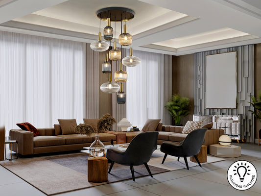 Lámpara de Techo NORMA-LAMP 9 Luces Negro y Latón Schuller, Diseño Moderno Industrial, Regulable en Altura.