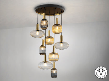 Lámpara de techo NORMA-LAMP 9 luces negro y latón Schuller, diseño moderno industrial, regulable en altura para comedor y salón.