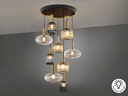 Lámpara de techo NORMA-LAMP 9 luces negro y latón Schuller, diseño moderno industrial, regulable en altura.