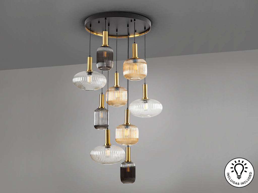 Lámpara de techo NORMA-LAMP 9 luces negro y latón Schuller, diseño moderno industrial.