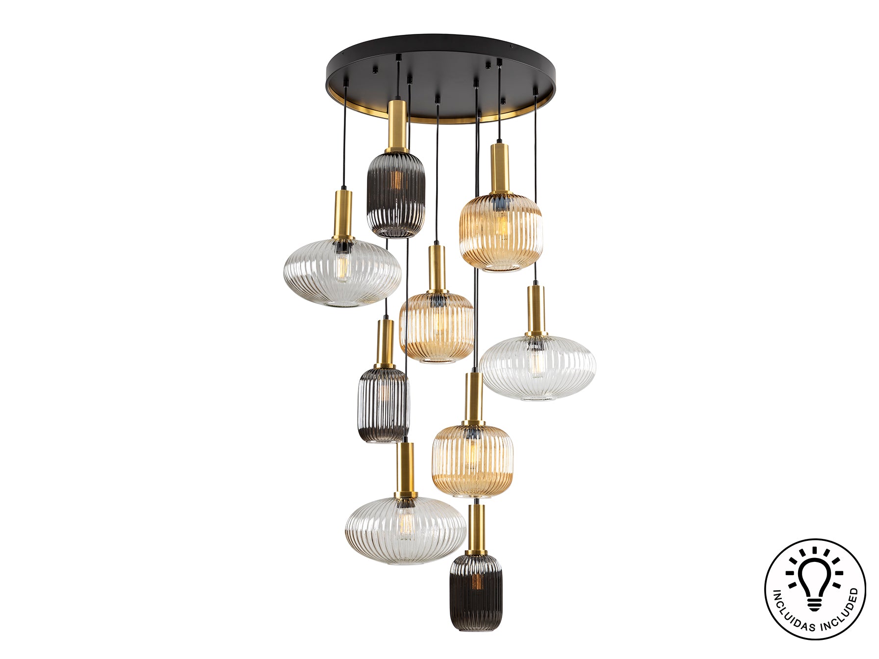 Lámpara de techo NORMA-LAMP 9 luces en negro y latón de Schuller, diseño moderno e industrial sofisticado, regulable en altura para comedor o salón.