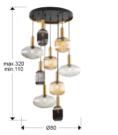 Medidas de Lámpara de techo NORMA-LAMP 9 luces negro y latón Schuller, diseño moderno industrial, regulable en altura, para comedor y salón.
