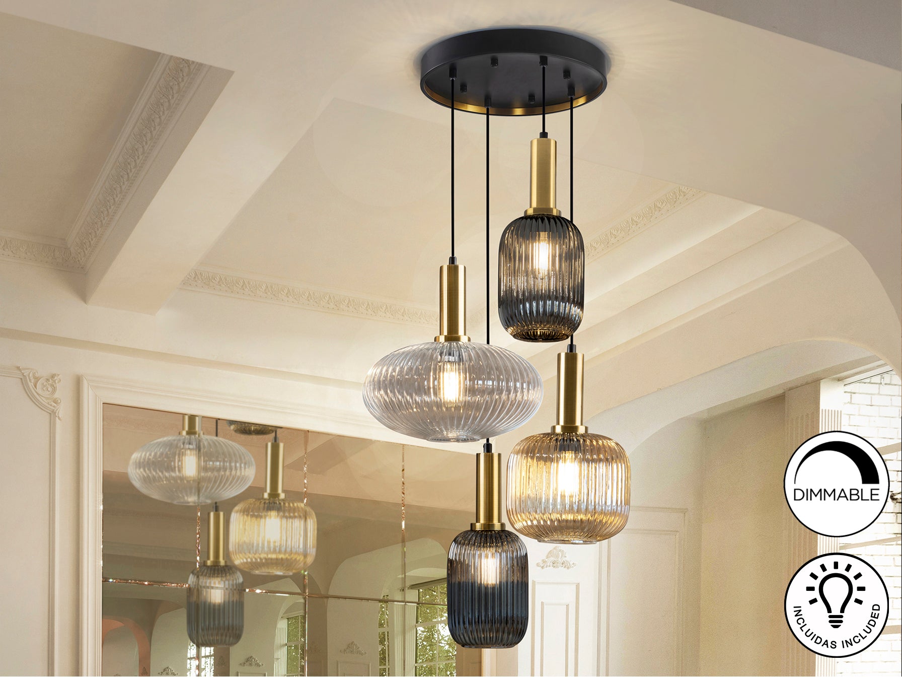 Lámpara de techo Norma en negro, latón y cristal de Schuller, estilo industrial y moderno para comedor y salón.