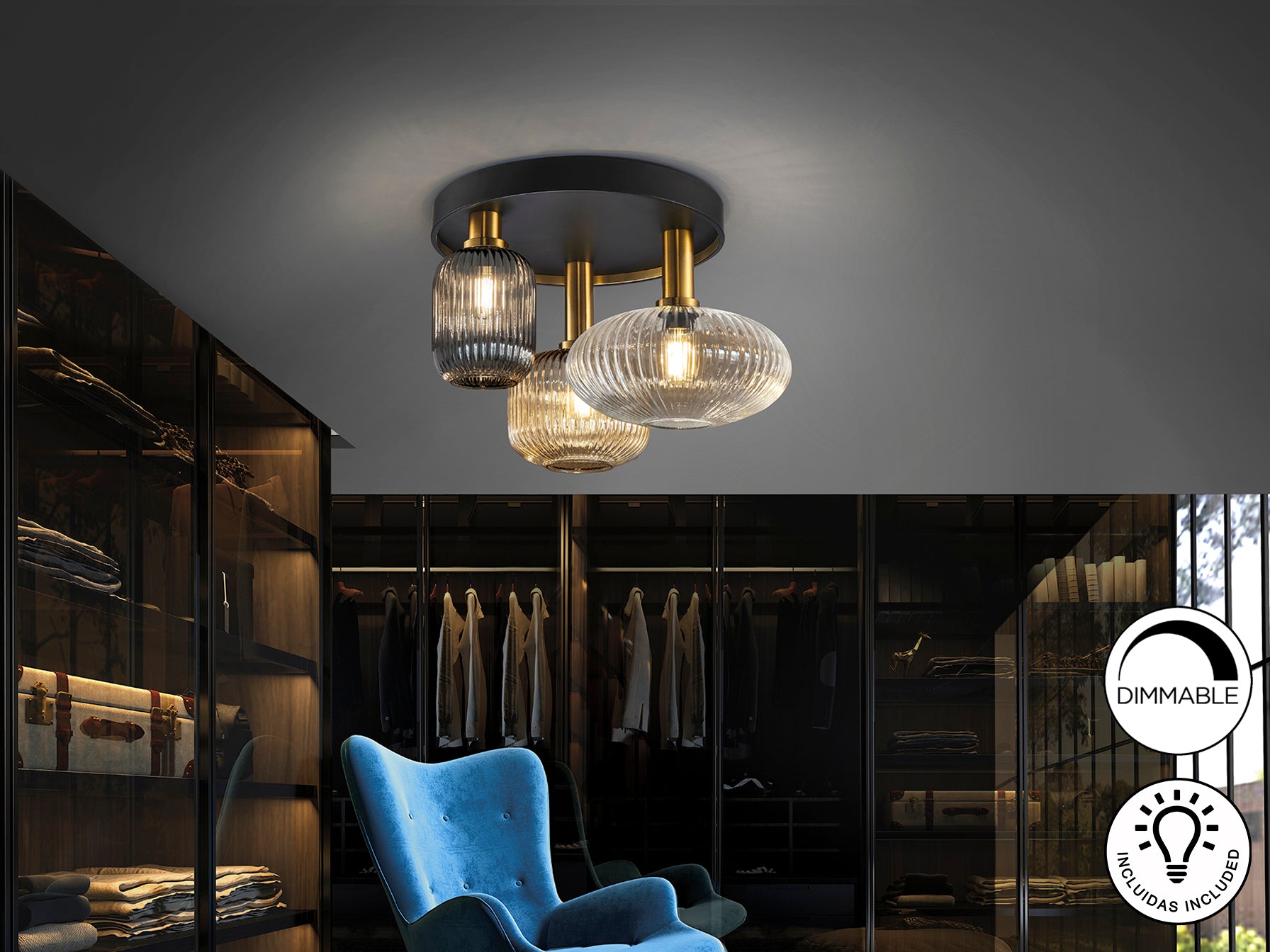 Plafón de Techo Norma con 3 Luces Negro Latón Moderno de Schuller para Comedor o Salón.