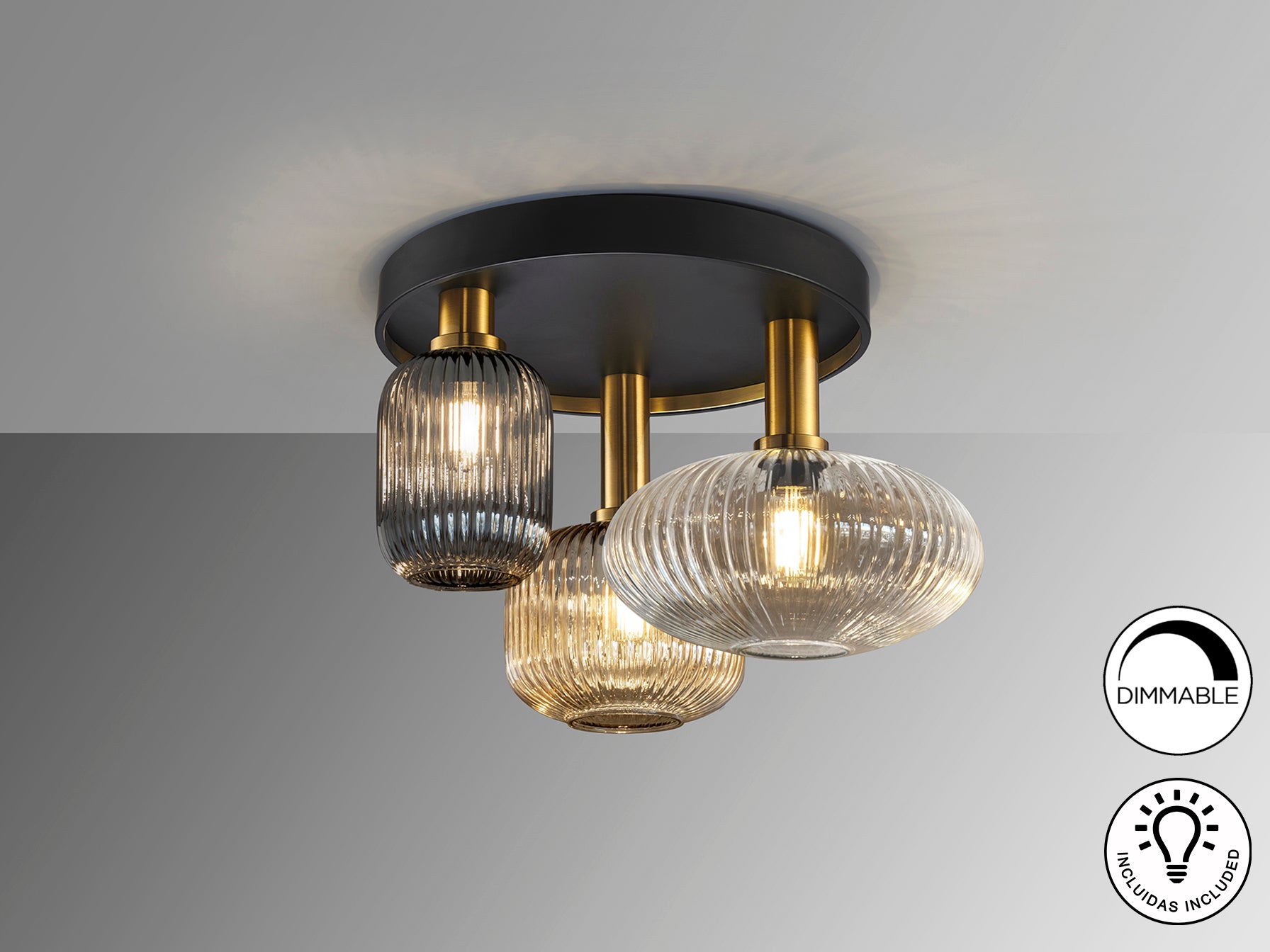 Plafón de techo Norma 3 luces negro latón Schuller, diseño moderno para comedor y salón.