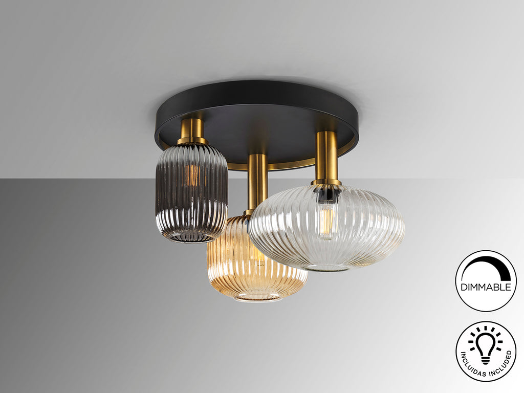 Plafón de techo Norma con 3 luces negro latón Schuller, diseño moderno para comedor y salón.