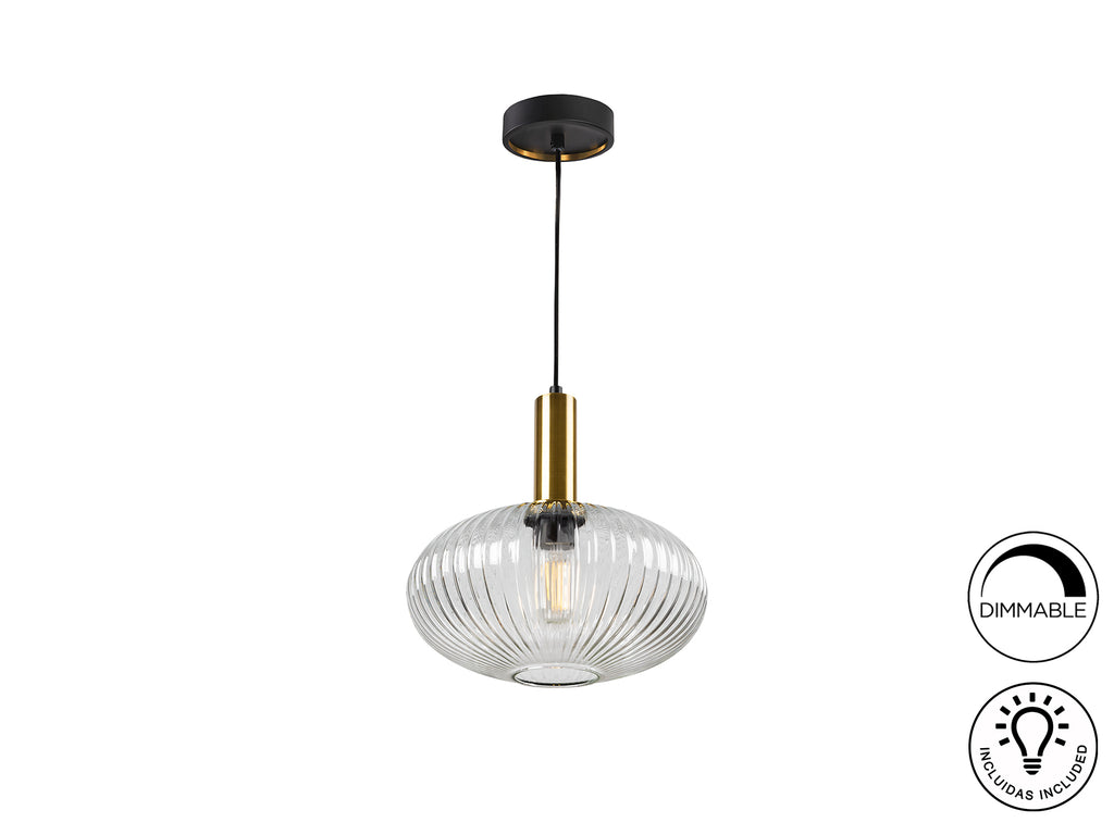 Lámpara de techo Norma Schuller en negro y latón, diseño moderno e industrial, con cristal transparente y regulable en altura.