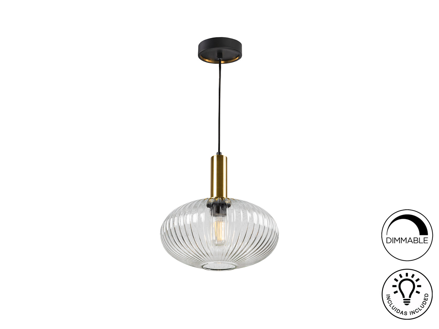 Lámpara de techo Norma Schuller en negro y latón, diseño moderno e industrial, con cristal transparente y regulable en altura.