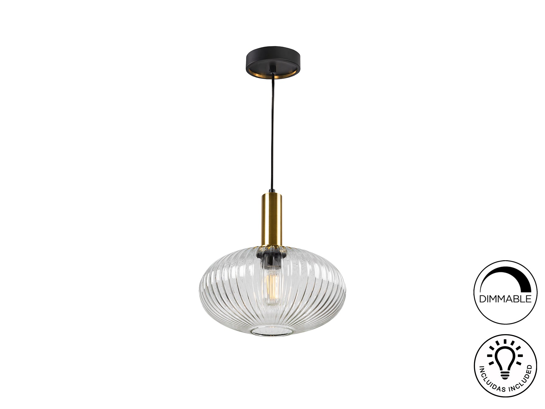 Lámpara de techo Norma Schuller en negro y latón, diseño moderno e industrial, con cristal transparente y regulable en altura.