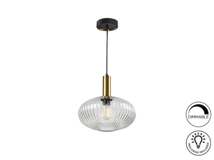 Lámpara de techo Norma Schuller en negro y latón, diseño moderno e industrial, con cristal transparente y regulable en altura.