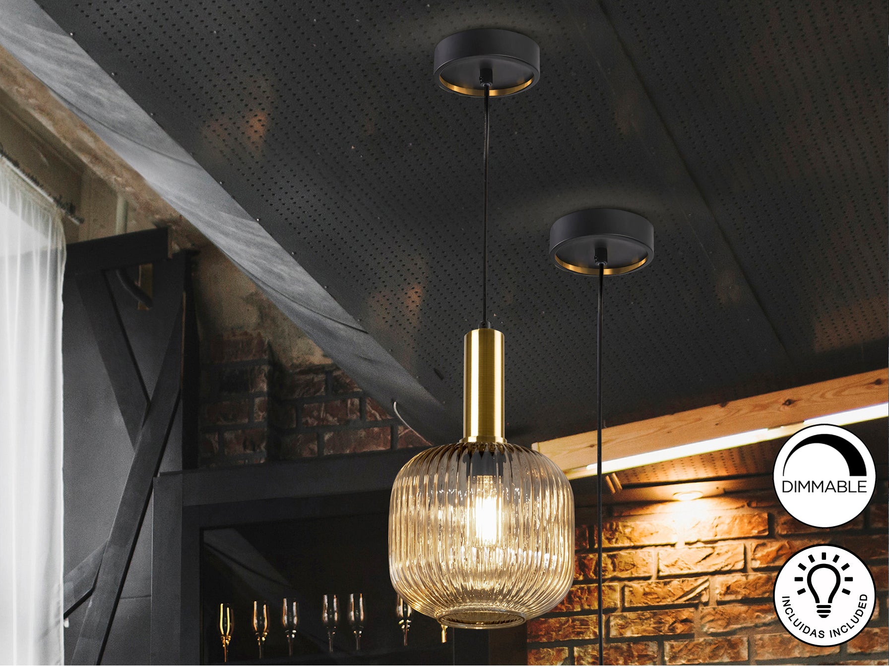 Lámpara de techo Norma en ámbar, negro y latón de Schuller, con cristal, diseño industrial y altura regulable. Código 225588.