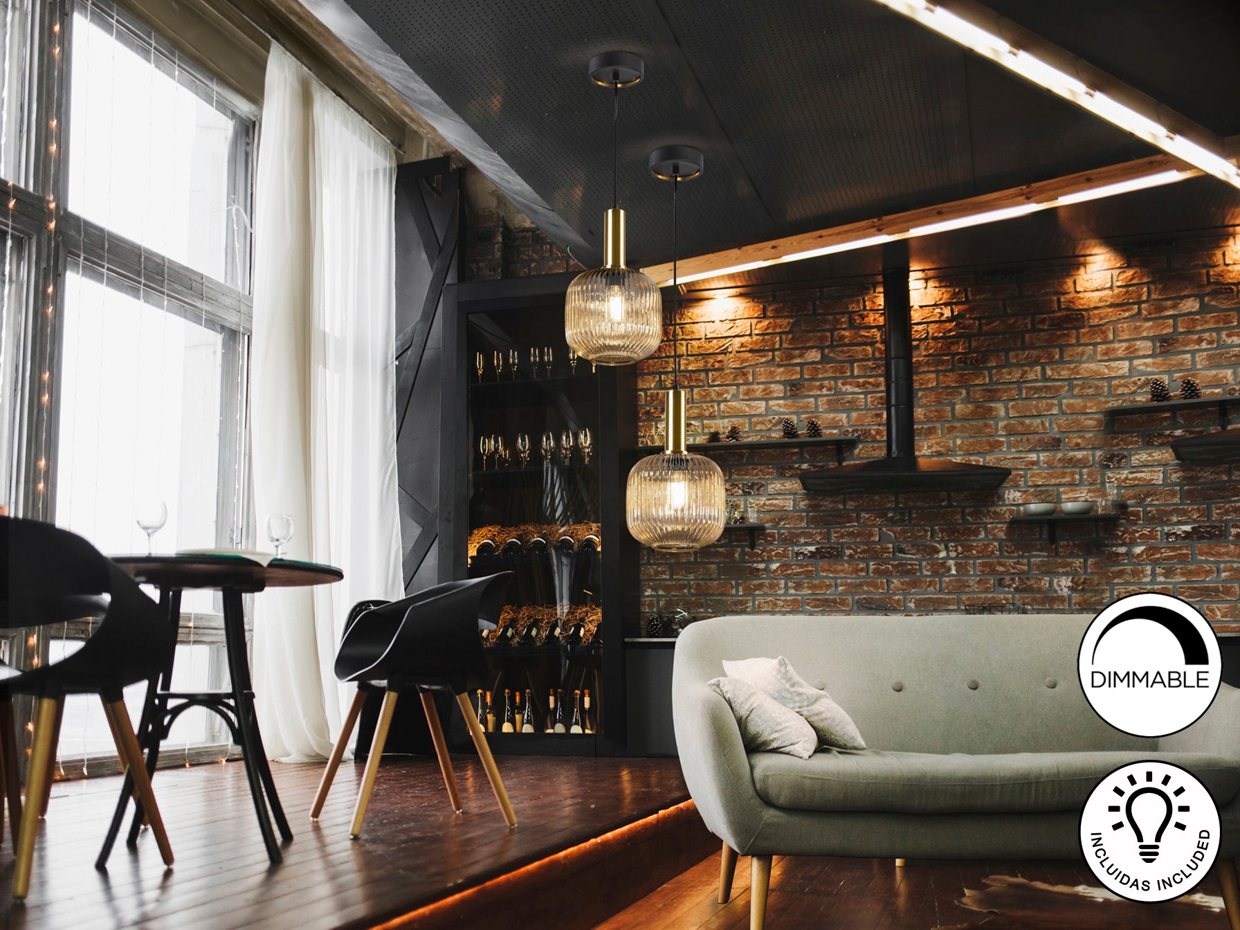 Lámpara de techo Norma ámbar negro latón Schuller con cristal, diseño industrial y altura regulable.