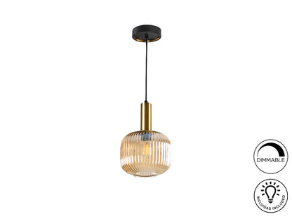 Lámpara de techo Schuller Norma en ámbar, negro y latón, diseño industrial con cristal y metal, altura regulable, modelo 225588.