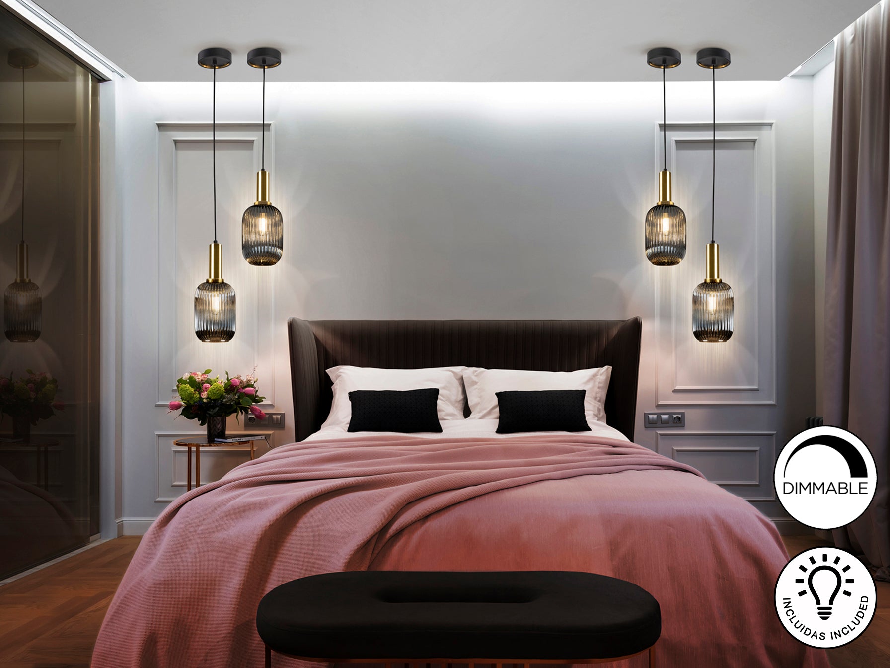 Lámpara Colgante Norma 1L Gris Smoke Schuller, diseño moderno e industrial, cristal gris smoke, latón satinado, negro mate, iluminación interior regulable en altura.