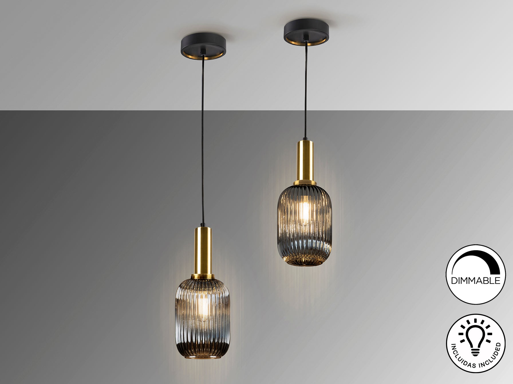 Lámpara colgante Norma 1L Gris Smoke Schuller, diseño moderno industrial, cristal gris smoke, latón satinado y regulable en altura.