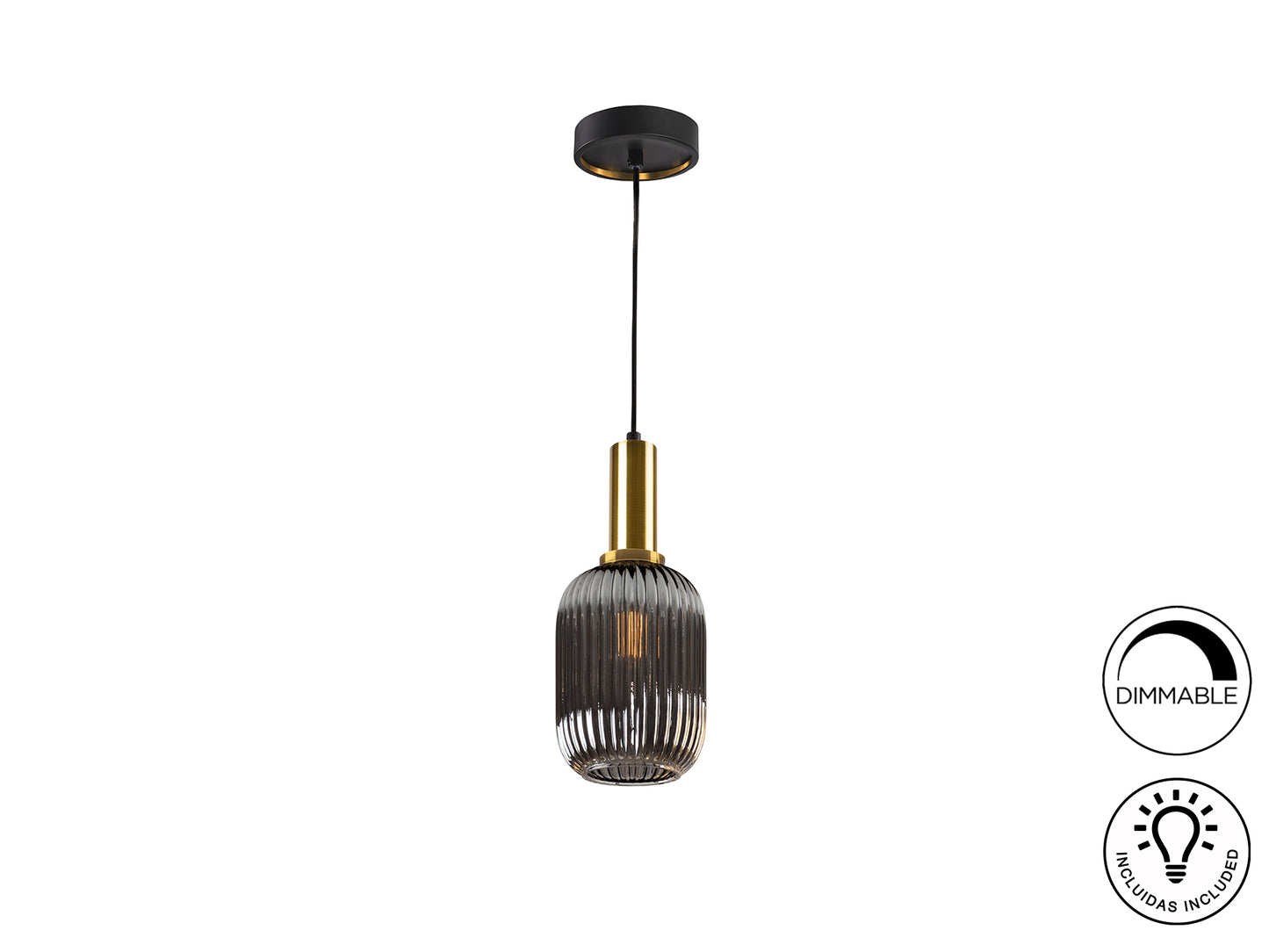 Lámpara colgante Norma 1L Gris Smoke Schuller, diseño moderno industrial, cristal gris smoke, latón satinado, regulable en altura.
