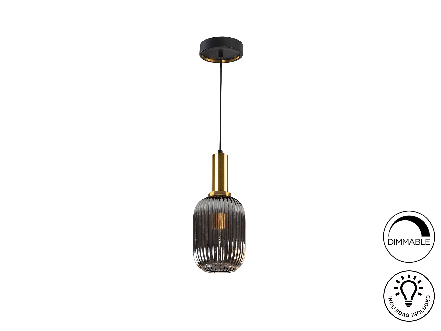 Lámpara colgante Norma 1L Gris Smoke Schuller, diseño moderno industrial, cristal gris smoke, latón satinado, regulable en altura.